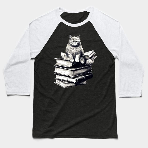 Bookish cat sleeping on books - Kitten lady & librarian gift Baseball T-Shirt by OutfittersAve